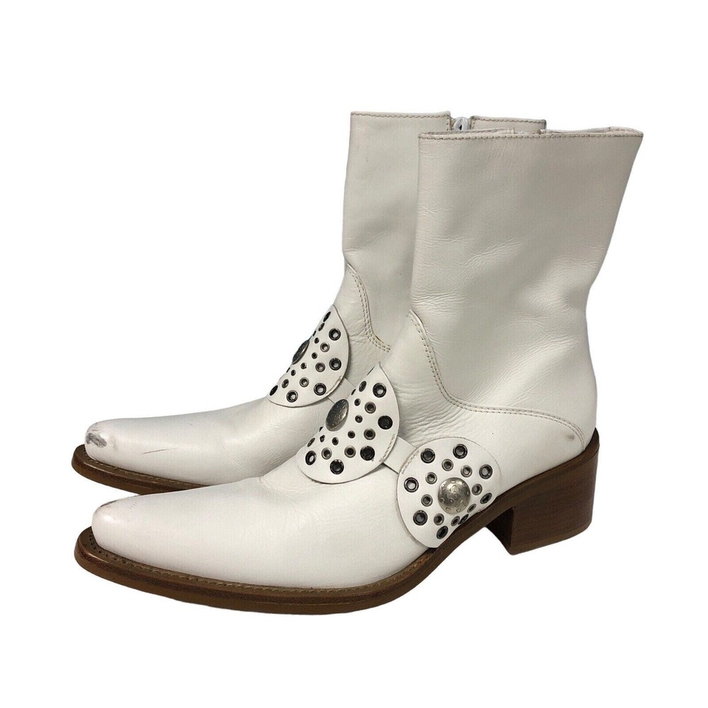 Baci Pointy‎ Toe Rivet White Leather Ankle Boots Heel Cowboy Men's 8 Women's 9.5